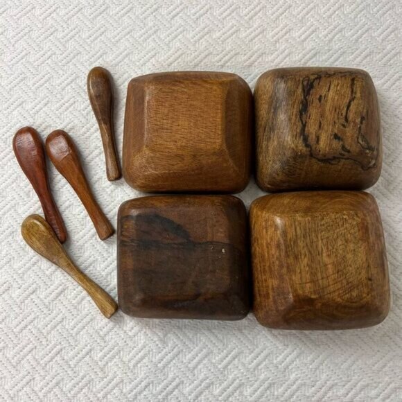 Vintage Antique 8 Piece Teak Wood Primordial Bowl and Spoon Sauce Serve Set - Picture 10 of 13